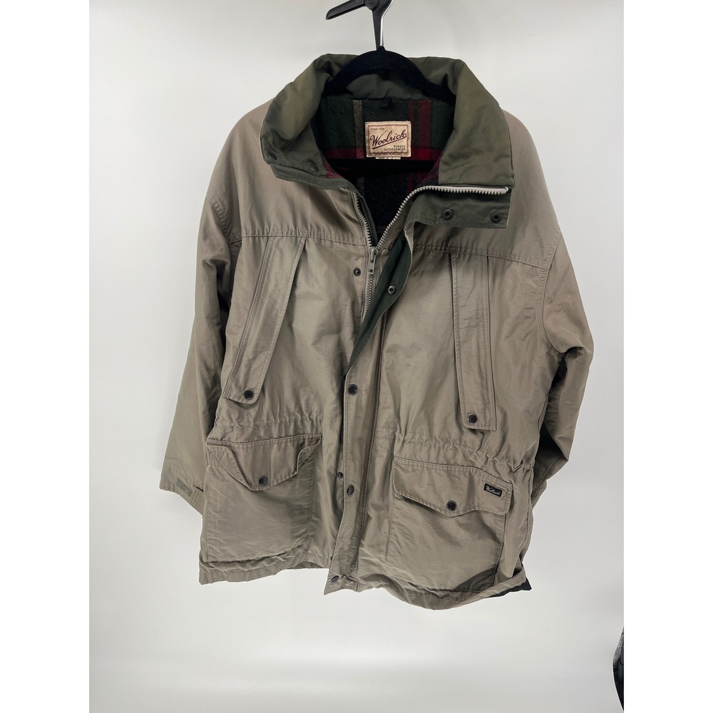Woolrich Rugged Outdoorwear Khaki Field Jacket Plaid Lined Mens‎ Large Tan Olive